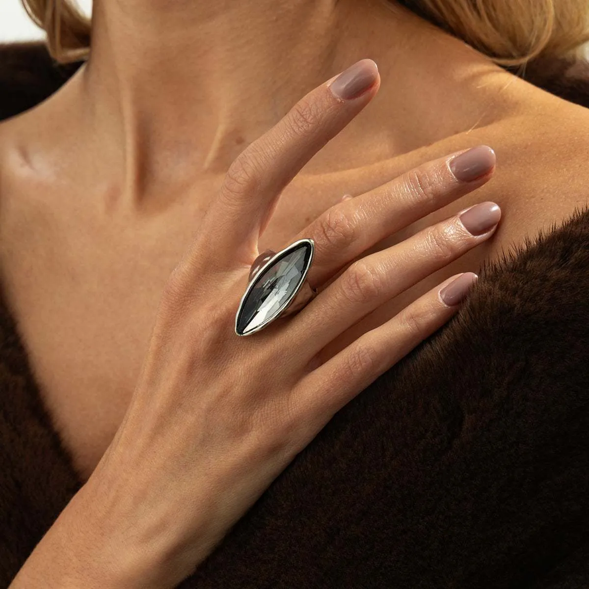 Gray Crystal & Silvertone Marquise Open Ring sold by Zulily