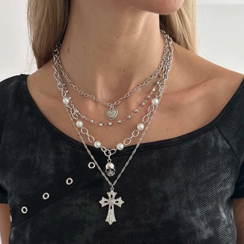 Pearl & Cubic Zirconia Enamel Silvertone Heart Skull Cross Pendant Necklace Set made by Zulily