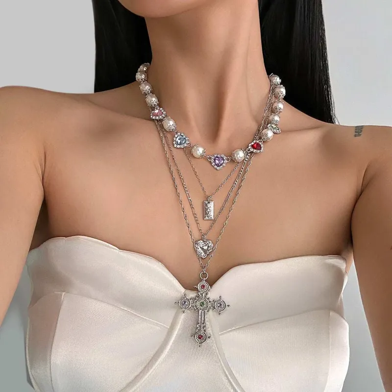 Multi-Colored Crystal & Cubic Zirconia Pearl Silvertone Heart Cross Pendant Necklace Set made by Zulily