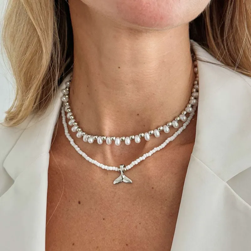 Pearl & Howlite Silvertone Fishtail Pendant Necklace Set made by Zulily