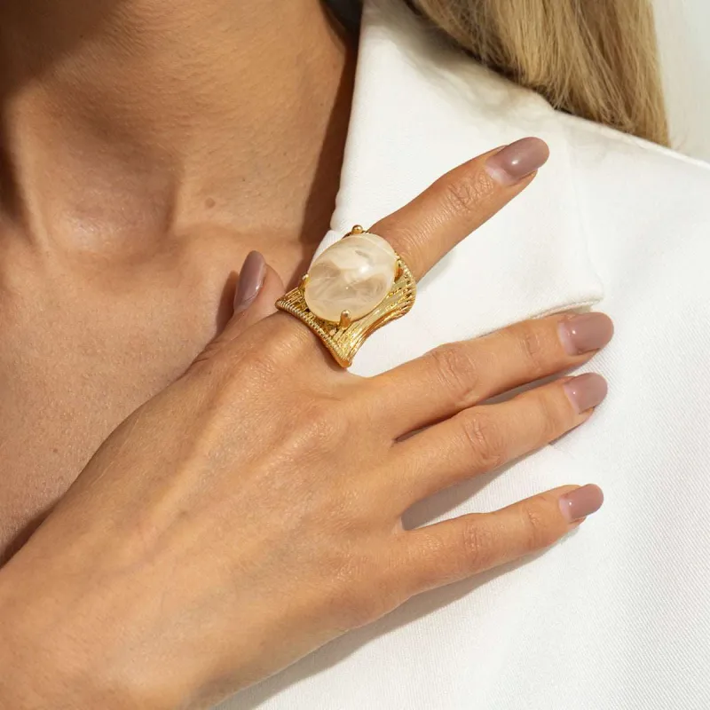Milky Resin & Goldtone Prong-Set Oval Open Ring made by Zulily