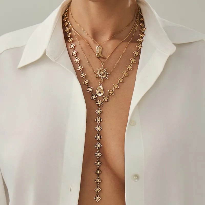 Goldtone Boot Drop Sun Pendant Flower Y-Necklace Set made by Zulily