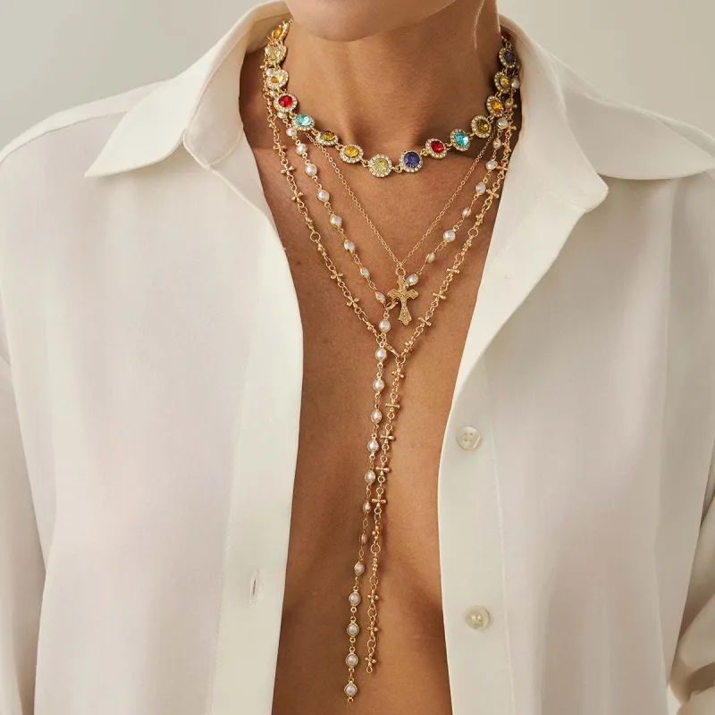 Multi-Colored Crystal & Cubic Zirconia Pearl Goldtone Cross Lariat Necklace Set made by Zulily