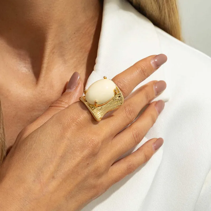 Beige Resin & Goldtone Prong-Set Oval Open Ring made by Zulily