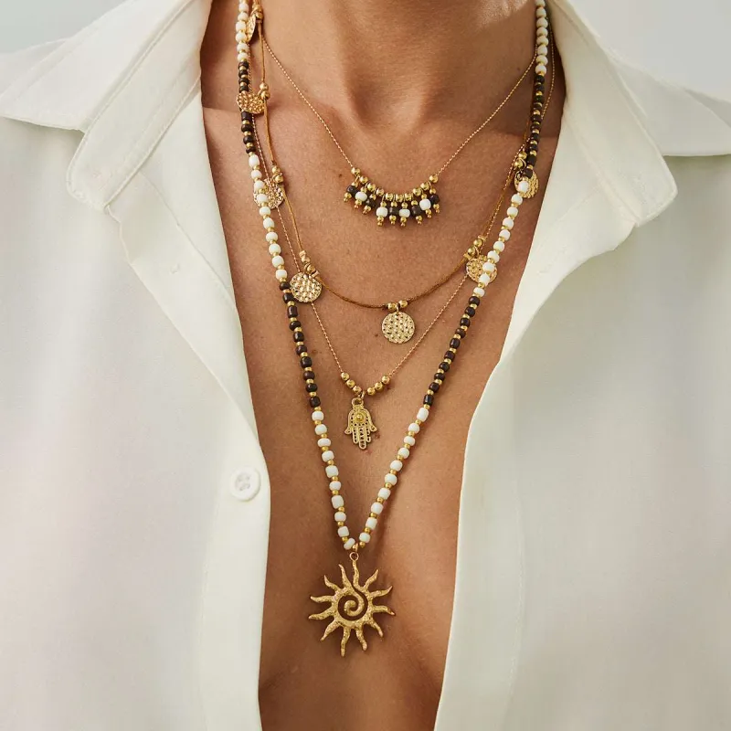 Black Howlite & Polyster Goldtone Hamsa Sun Pendant Necklace Set made by Zulily