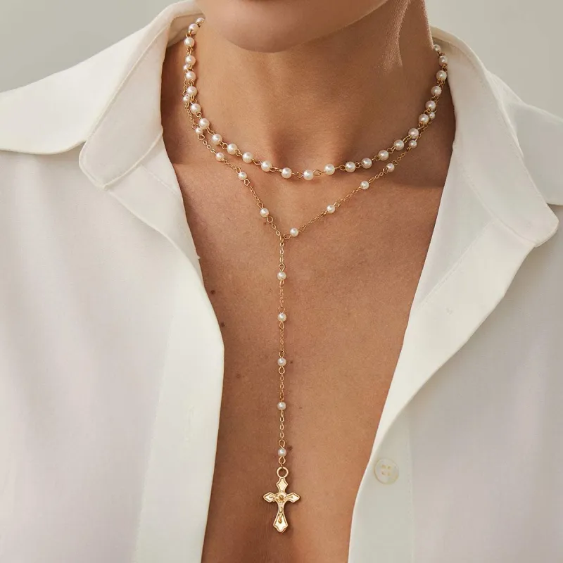 Pearl & Goldtone Cross Drop Necklace Set made by Zulily