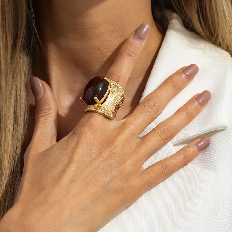 Amber Resin & Goldtone Prong-Set Oval Open Ring made by Zulily