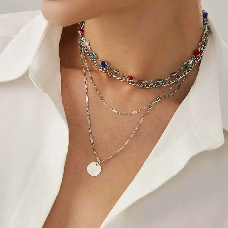 Multi-Colored Crystal & Silvertone Circular Pendant Layered Necklace Set made by Zulily