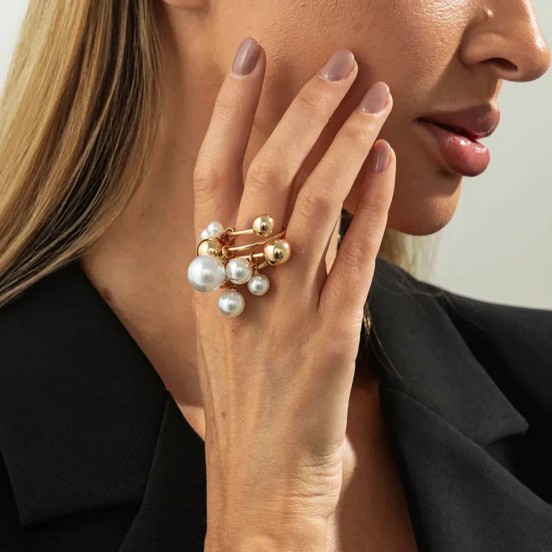 Pearl & Goldtone Ball Cluster Bypass Ring made by Zulily