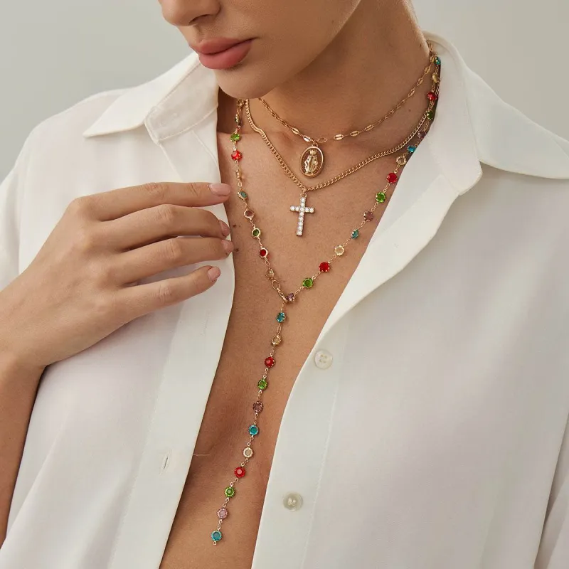 Multi-Colored Crystal & Cubic Zirconia Goldtone Cross Pendant Y-Necklace Set made by Zulily