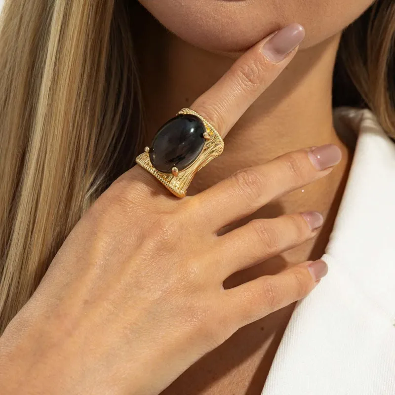 Black Resin & Goldtone Prong-Set Oval Open Ring made by Zulily