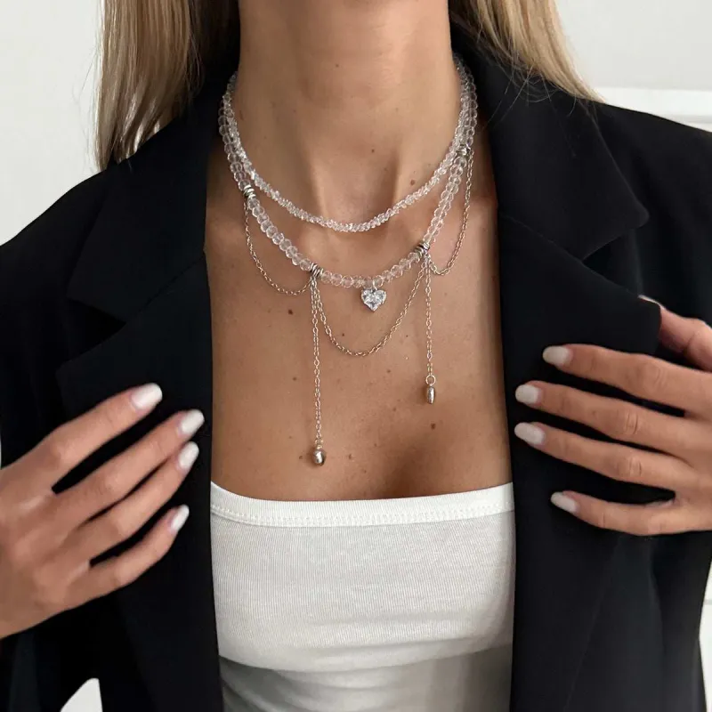 Clear Crystal & Acrylic Silvertone Heart Pendant Tassel Necklace Set made by Zulily
