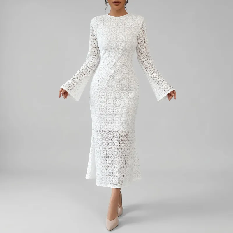 Aria Romance Women's Geometric Lace Midi Dress - White Bell Sleeve Bodycon Dress made by Zulily
