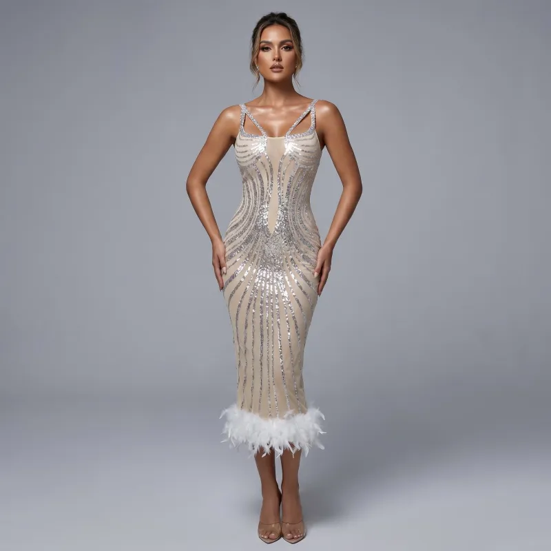 Aria Romance Women's Sequined Halter Midi Dress - Padded Feather-Trim Evening Gown made by Zulily