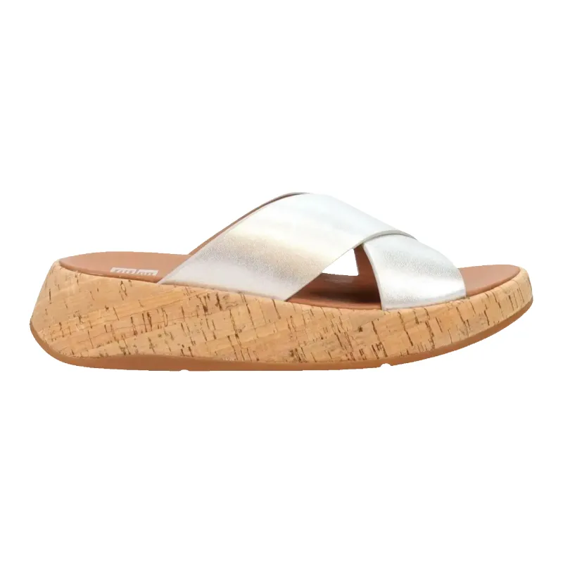 FitFlop F-Mode Women Cross Sandals Silver Leather Cork Flatform made by Fitflop