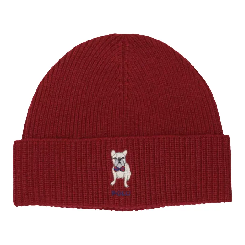 Polo Ralph Lauren Embroidered Frenchie Rib-Knit Women Beanie Holiday Red made by Polo by Ralph Lauren