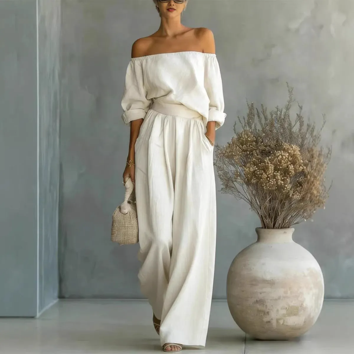 Women's Off-Shoulder Long-Sleeve Top & Wide-Leg Pants Two-Piece Set sold by Zulily product image thumbnail 3