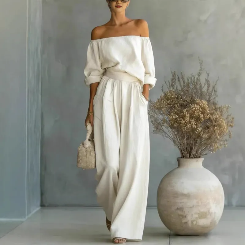 Women's Off-Shoulder Long-Sleeve Top & Wide-Leg Pants Two-Piece Set made by Zulily