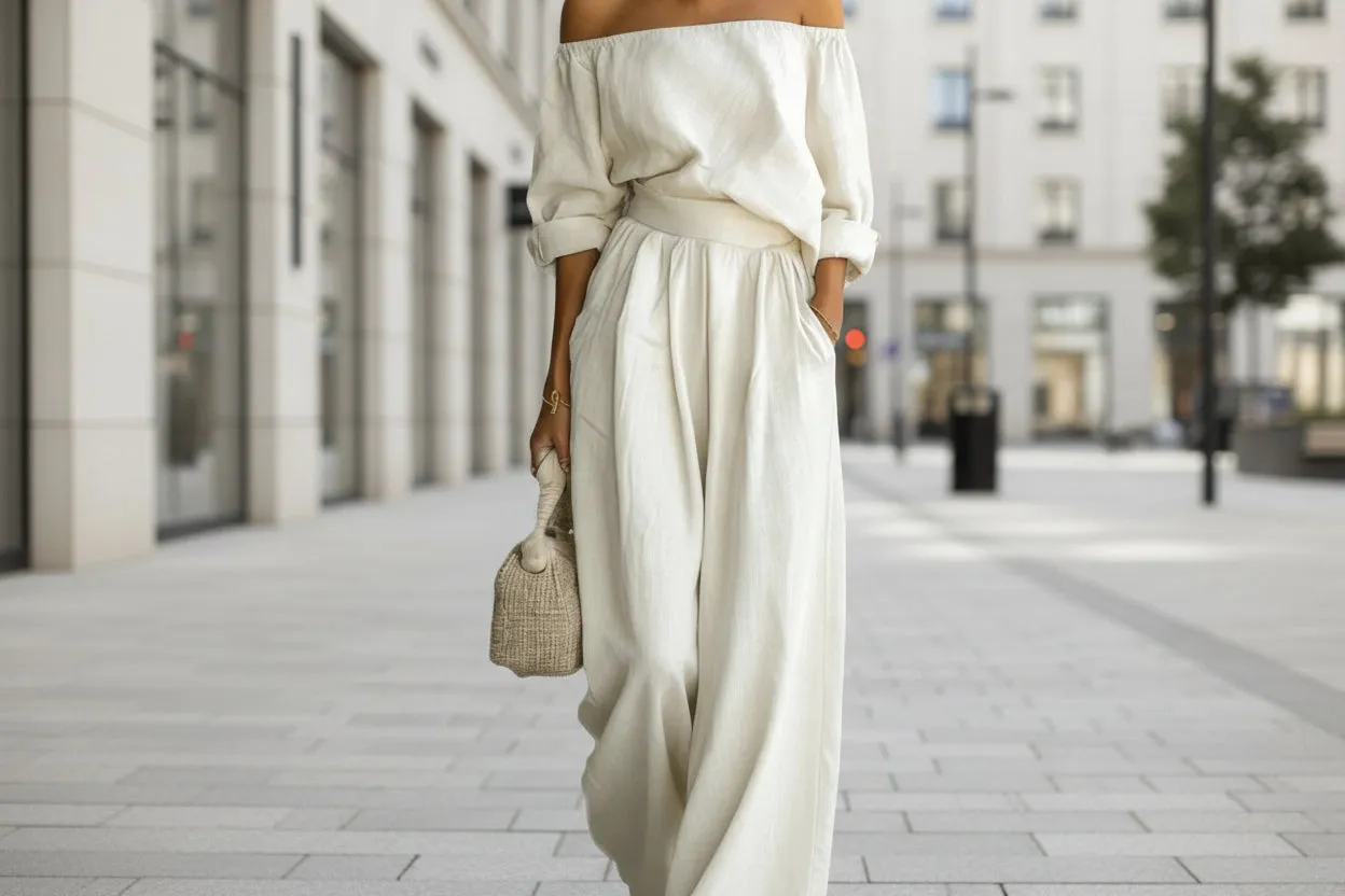 Women's Off-Shoulder Long-Sleeve Top & Wide-Leg Pants Two-Piece Set sold by Zulily product image thumbnail 5