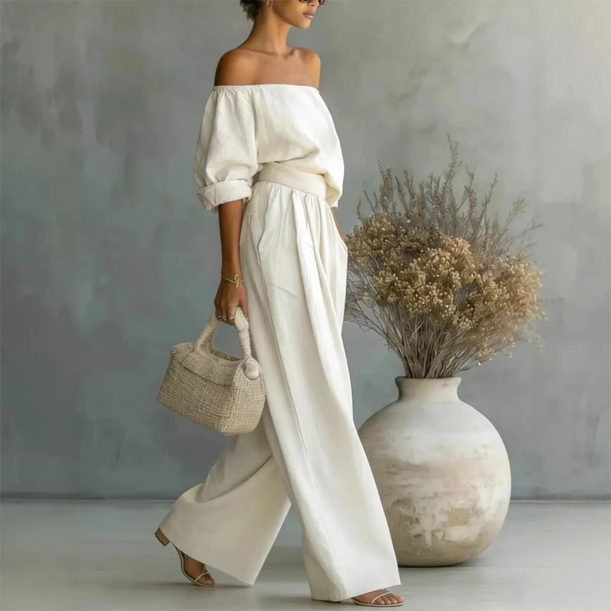 Women's Off-Shoulder Long-Sleeve Top & Wide-Leg Pants Two-Piece Set sold by Zulily product image thumbnail 2