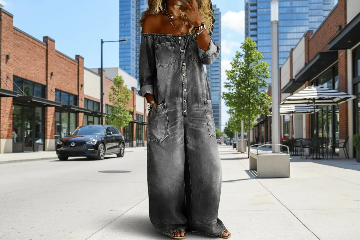 Women's Off-Shoulder Washed Faux Denim Strap Overalls Jumpsuit sold by Zulily product image thumbnail 5