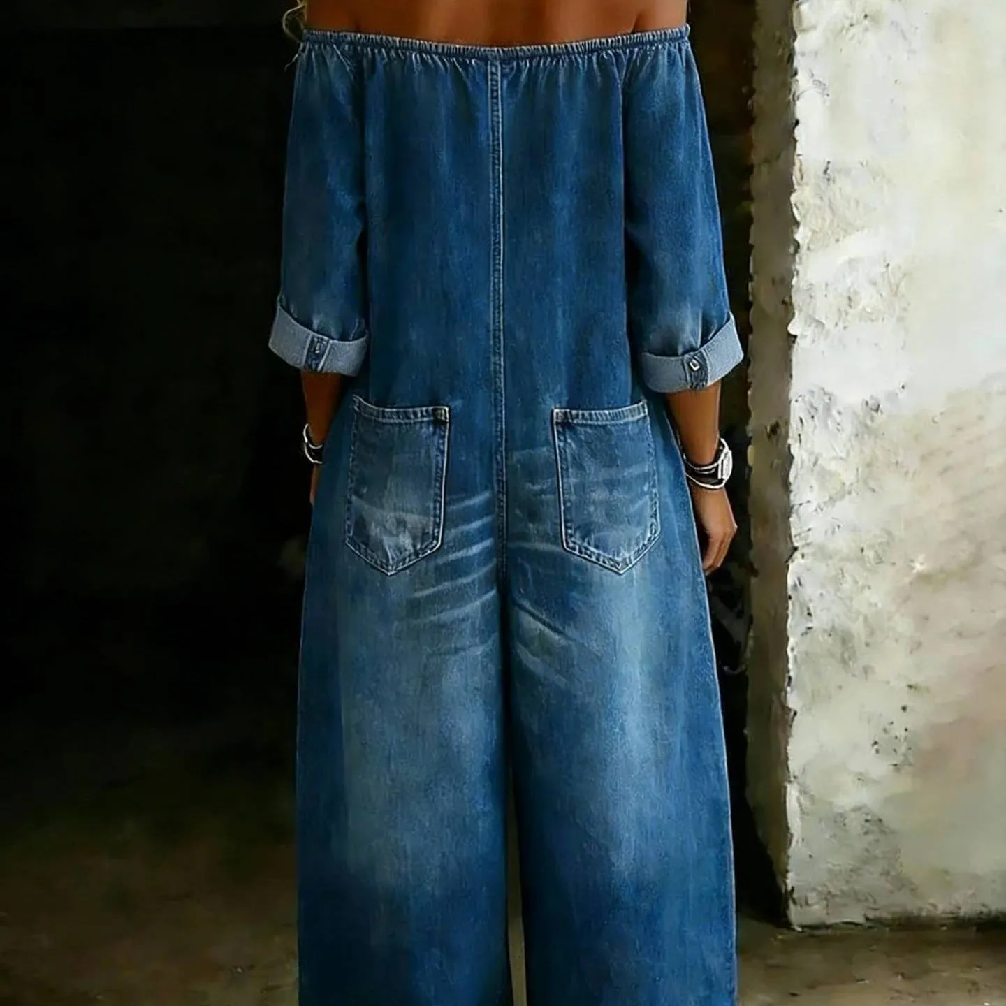 Women's Off-Shoulder Washed Faux Denim Strap Overalls Jumpsuit sold by Zulily product image thumbnail 2
