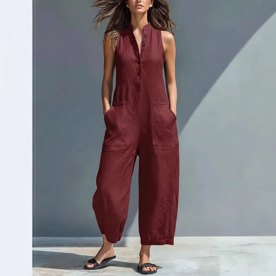 Casual Women’s Buttoned Stand Collar Sleeveless Loose Jumpsuit sold by Zulily product image thumbnail 4