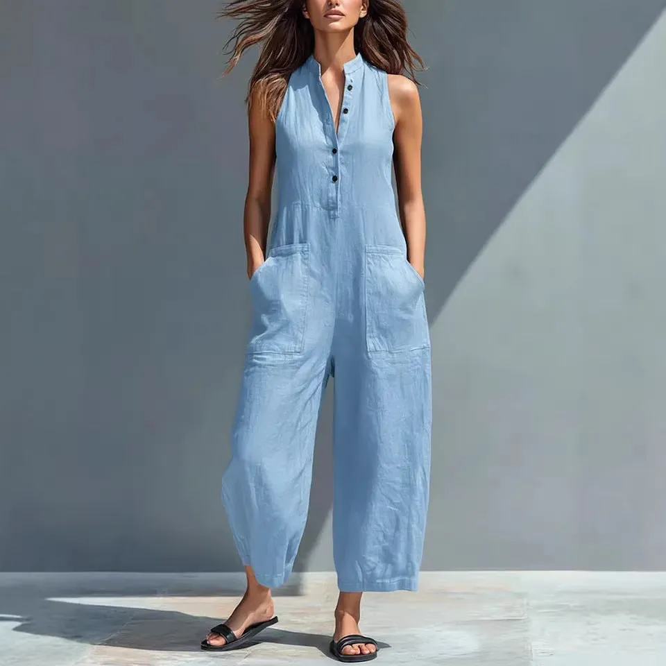 Casual Women’s Buttoned Stand Collar Sleeveless Loose Jumpsuit sold by Zulily