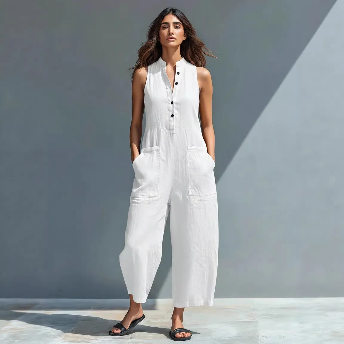 Casual Women’s Buttoned Stand Collar Sleeveless Loose Jumpsuit sold by Zulily product image thumbnail 5