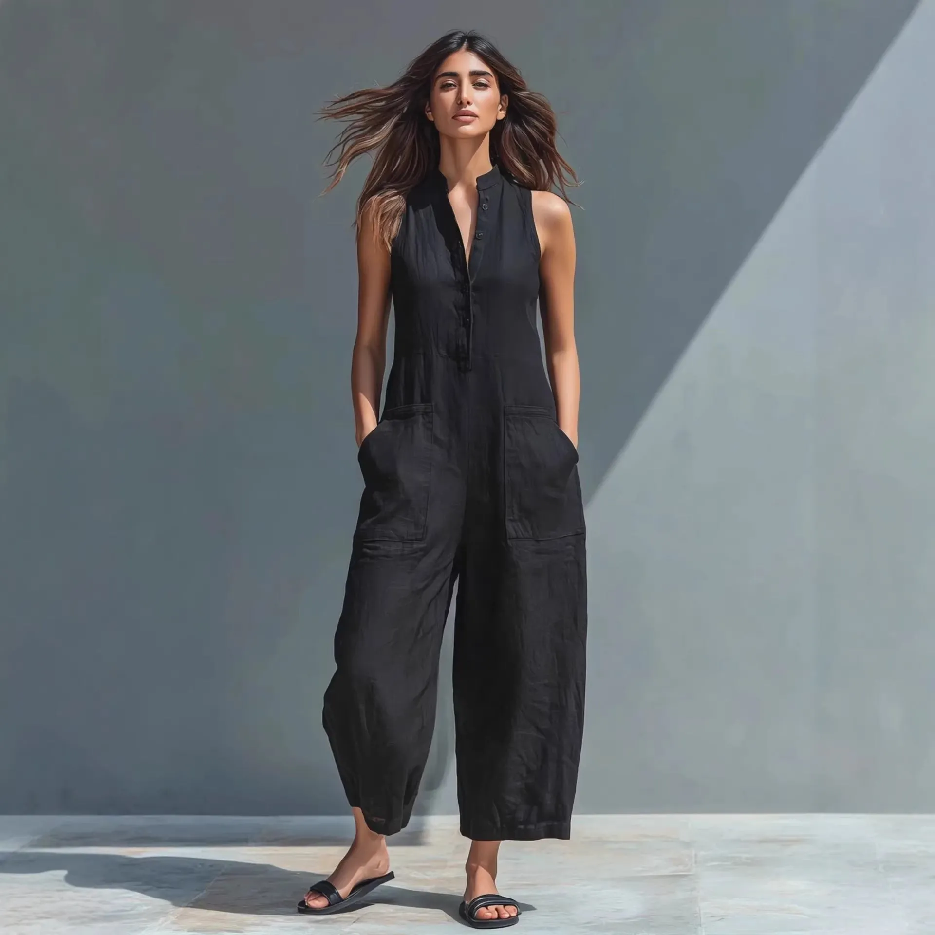 Casual Women’s Buttoned Stand Collar Sleeveless Loose Jumpsuit sold by Zulily product image thumbnail 2