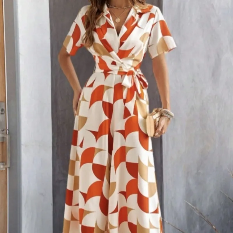Women's Geometric Pattern Printed Lace Up Shirt Jumpsuit made by Zulily