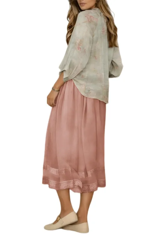 Chic YC Women's Elastic Waist A-line Midi Skirt Boho Lace Trim Flowy Casual Skirt made by Zulily