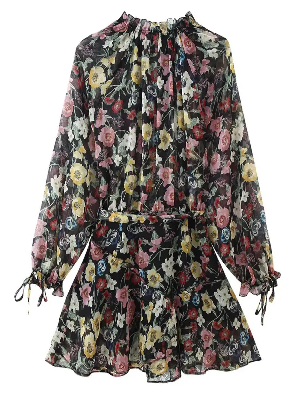 Chic YC Women's Floral Print Ruffle Hem Mini Dress Long Sleeve Boho Tie Neck Sundress made by Zulily