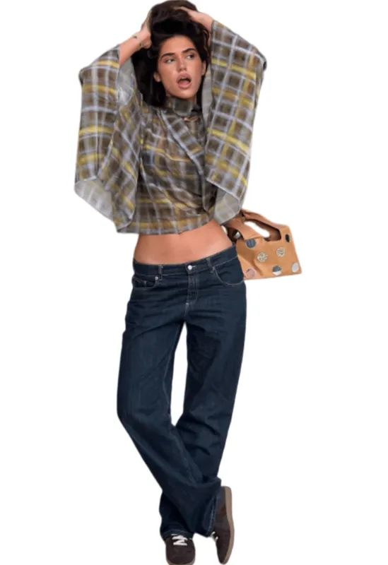 Chic YC Women's Plaid Bell Sleeve Loose Top Choker Neck Irregular Hem Casual Blouse made by Zulily