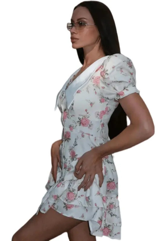 Chic YC Women's Floral Peter Pan Collar Puff Sleeve Mini Dress Vintage Ruffle Hem Summer Casual Dress made by Zulily