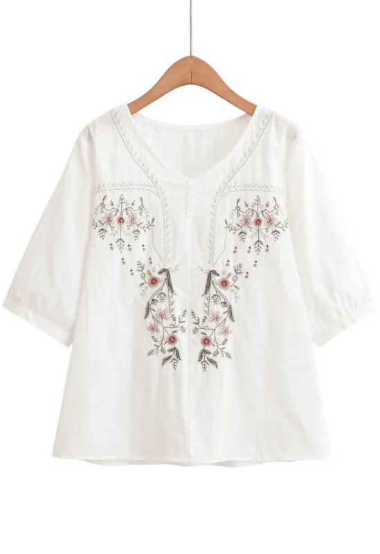 Chic YC Women's Embroidery Floral V Neck Blouse Boho 3/4 Sleeve Casual Summer Top made by Zulily