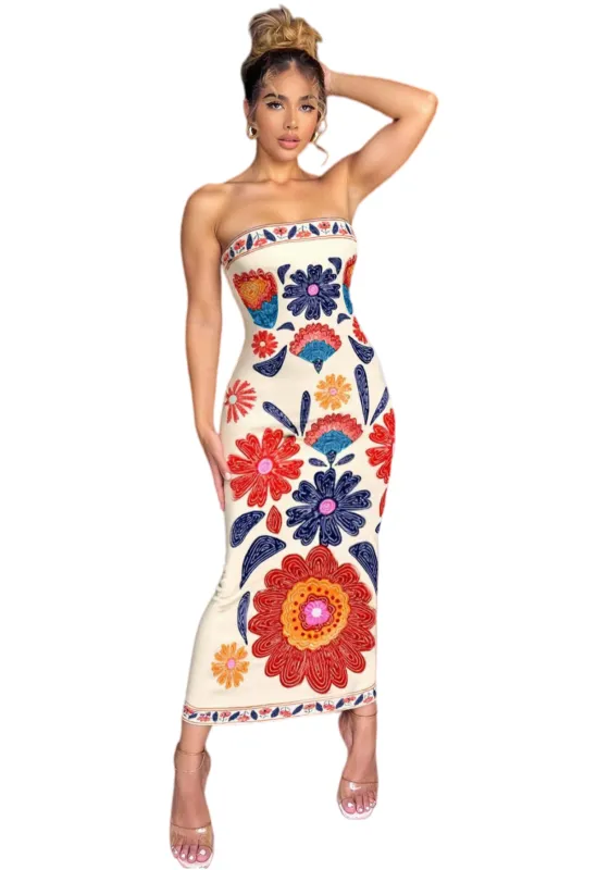 Chic YC Women's Strapless Floral Embroidered Bodycon Midi Dress Boho Summer Party Dress made by Zulily
