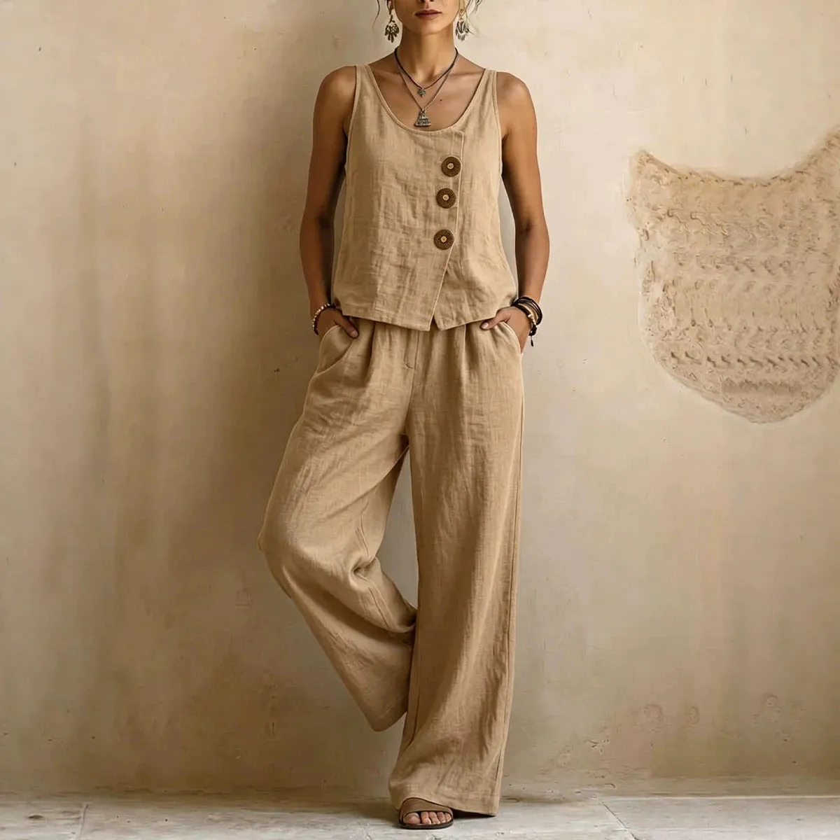 Women's Cotton Linen Sleeveless Tank Top & Pants Two-Piece Set sold by Zulily product image thumbnail 4