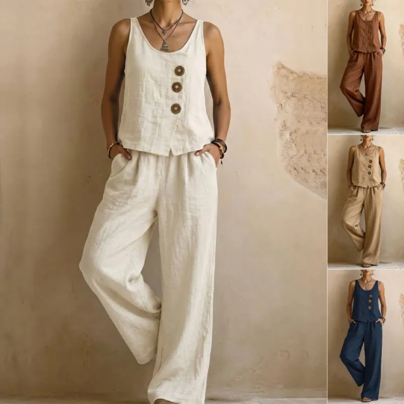 Women's Cotton Linen Sleeveless Tank Top & Pants Two-Piece Set made by Zulily
