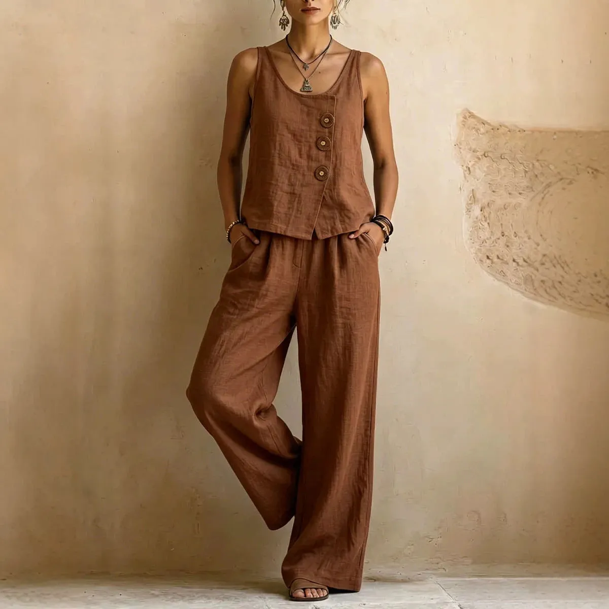 Women's Cotton Linen Sleeveless Tank Top & Pants Two-Piece Set sold by Zulily product image thumbnail 5