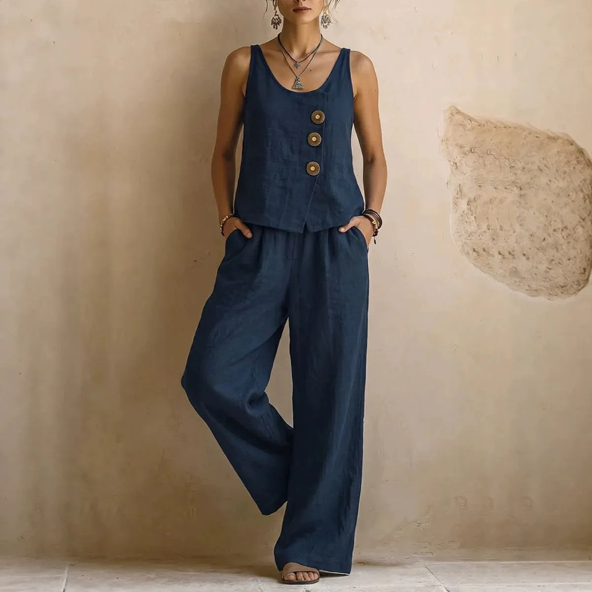 Women's Cotton Linen Sleeveless Tank Top & Pants Two-Piece Set sold by Zulily product image thumbnail 3