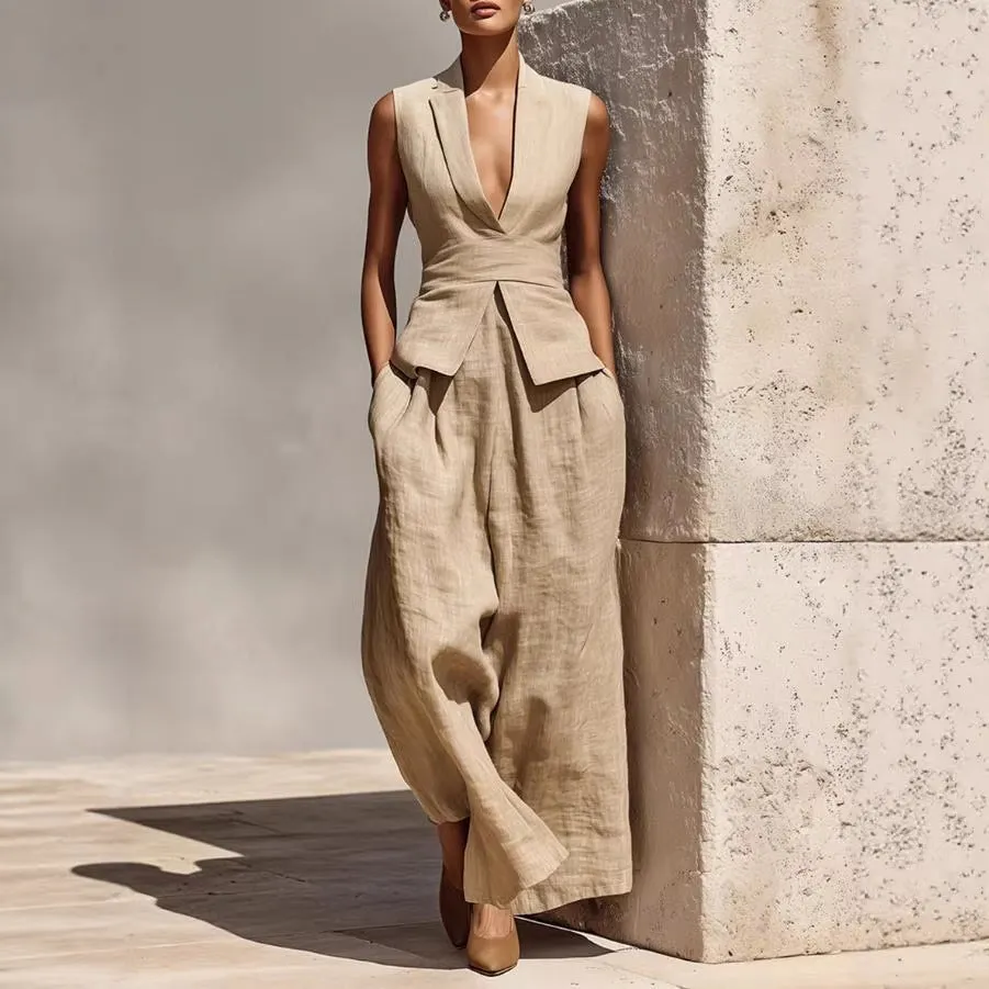 Women's Linen V-Neck Sleeveless Tank Top & Long Pants Set sold by Zulily product image thumbnail 4