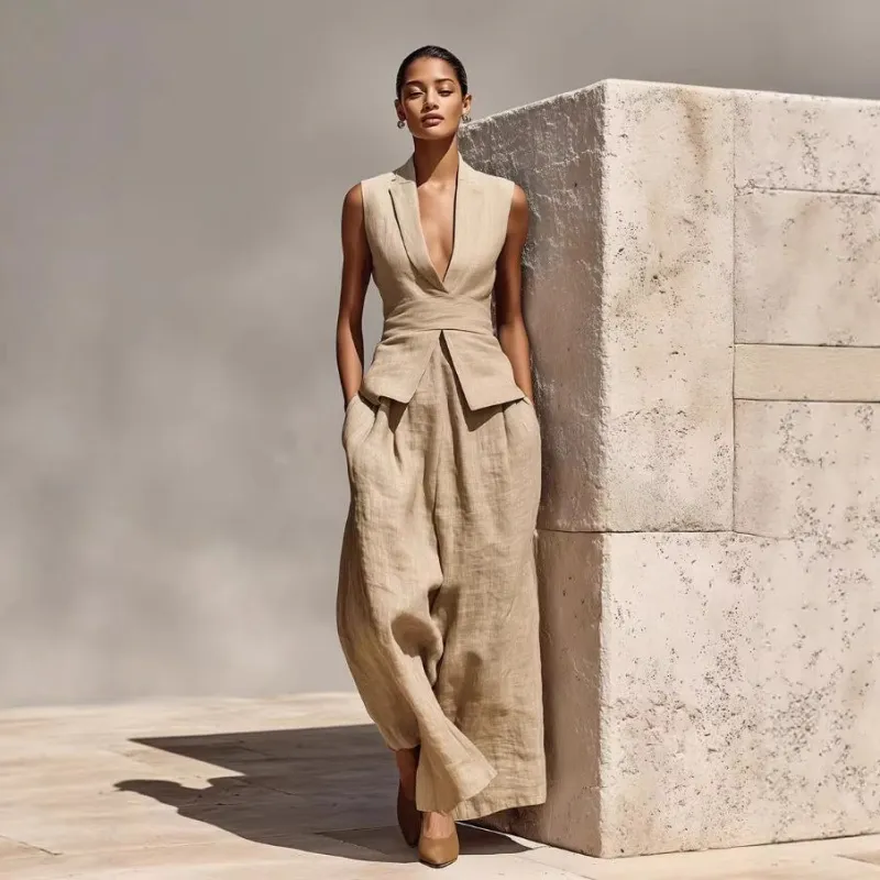 Women's Linen V-Neck Sleeveless Tank Top & Long Pants Set made by Zulily
