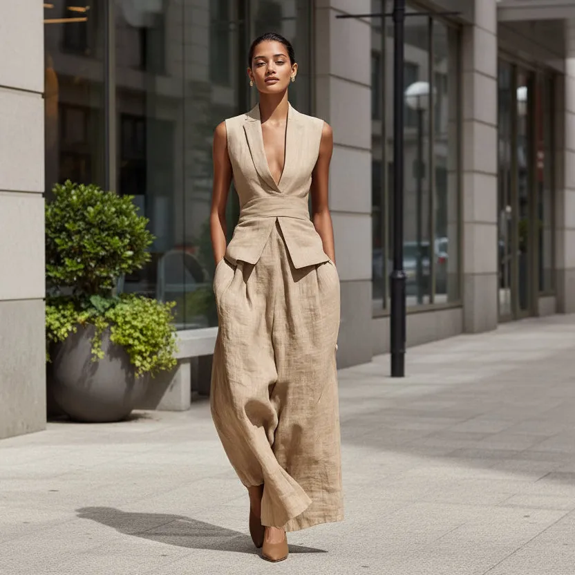 Women's Linen V-Neck Sleeveless Tank Top & Long Pants Set sold by Zulily product image thumbnail 2