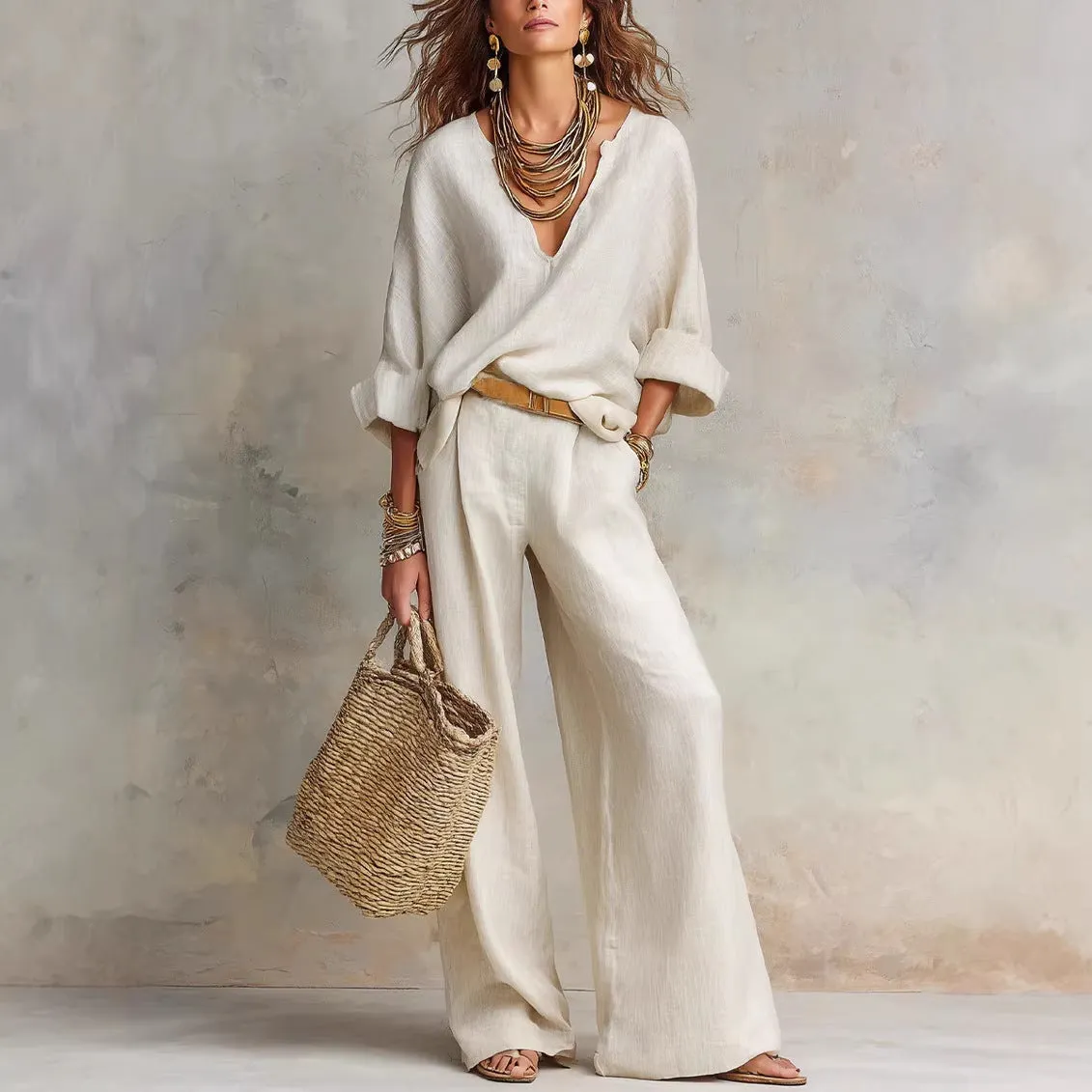 Women's Casual Linen Vacation Set – Three-Quarter Sleeve Top & Full-Length Pants sold by Zulily