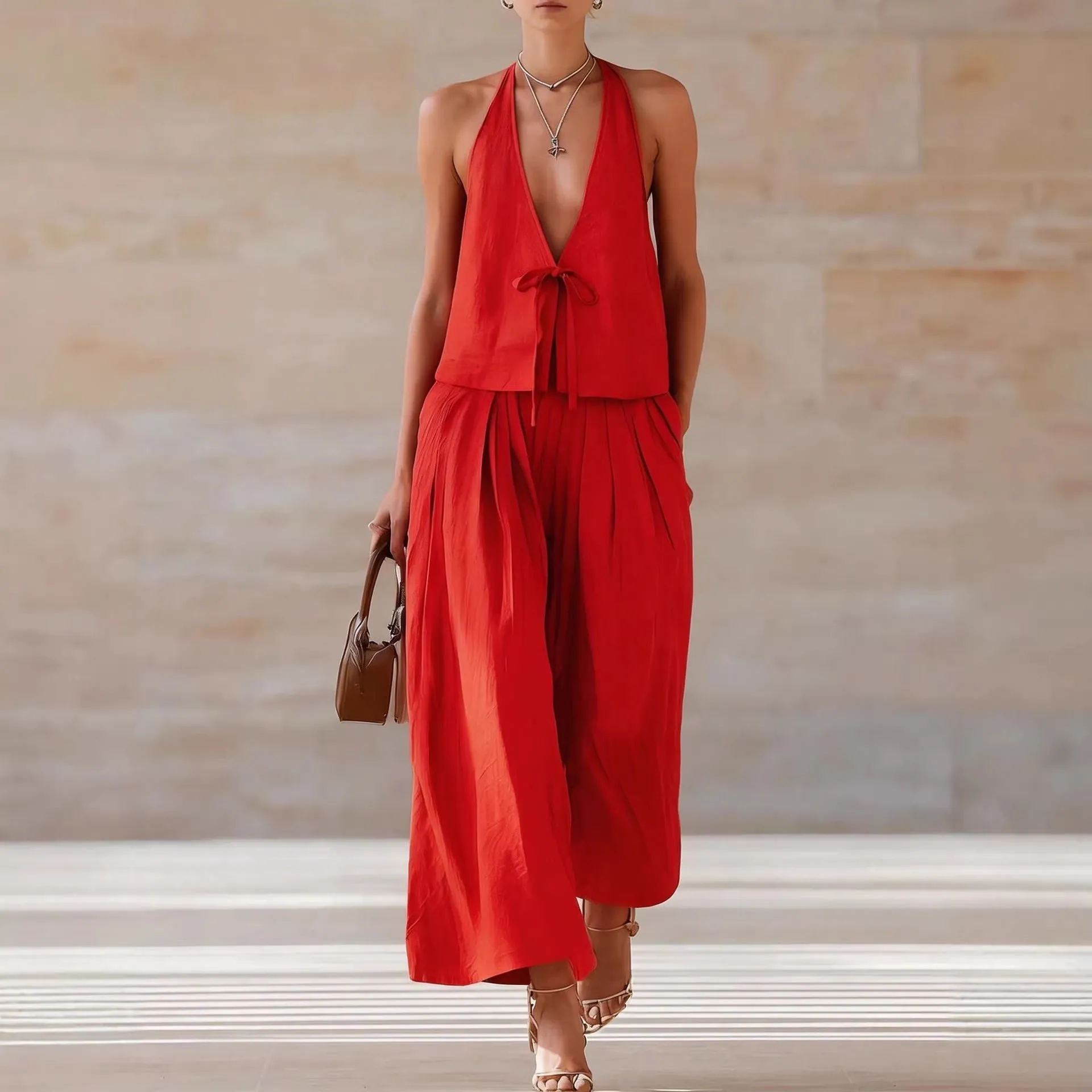 Women's Sleeveless Vest & Wide-Leg Pants Set – 2-Piece Lace-Up Outfit sold by Zulily product image thumbnail 3