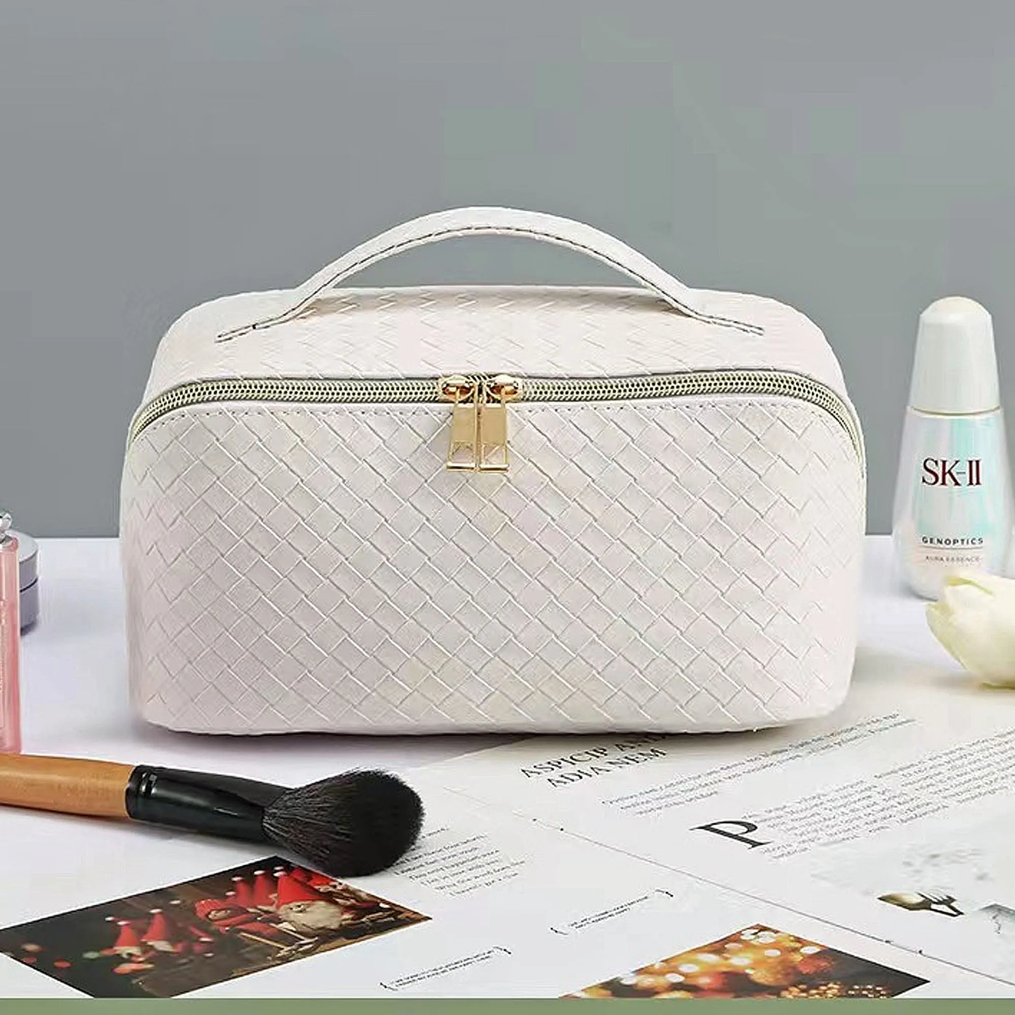 Makeup Bag White PU Leather Travel Cosmetic Organizer for Daily Use sold by Zulily product image thumbnail 4