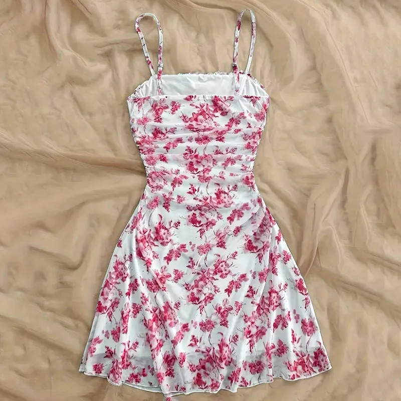 Boho Floral Spaghetti Strap Mini Dress – Ruched Ruffle Hem Vacation Sundress sold by Zulily product image thumbnail 4