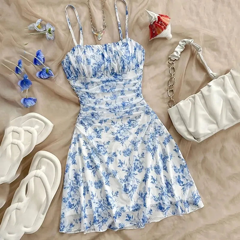 Boho Floral Spaghetti Strap Mini Dress – Ruched Ruffle Hem Vacation Sundress made by Zulily