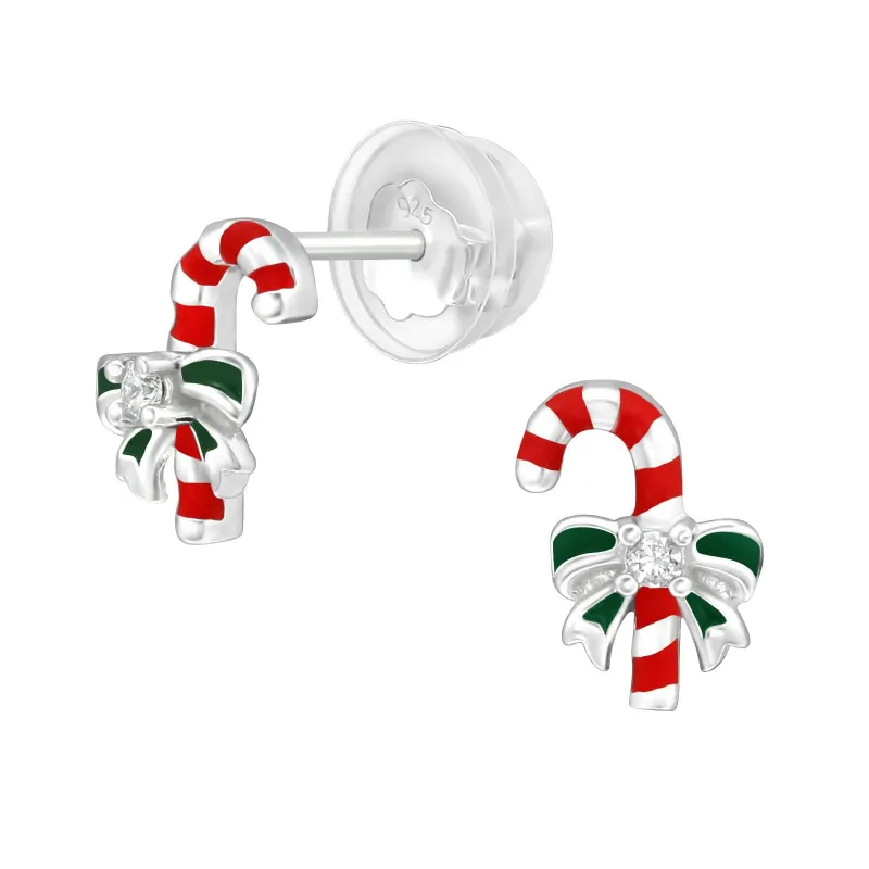 Ag Sterling Red Striped Candy Cane with Green Bow Dainty Stud Earrings made by Zulily
